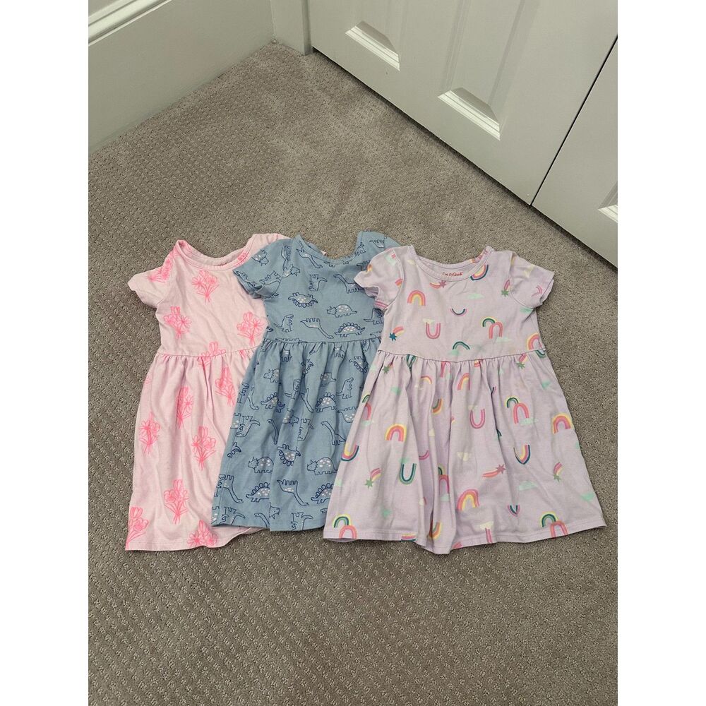 Cat & Jack Girls 4T Dress Lot of 3 Floral Dinosaur Rainbow - Play ready